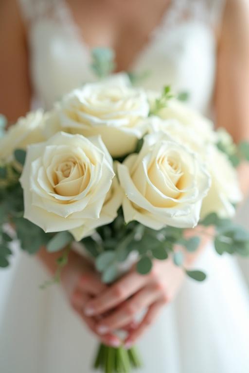 En elegant og romantisk brudebukett med hvite roser og eukalyptus.