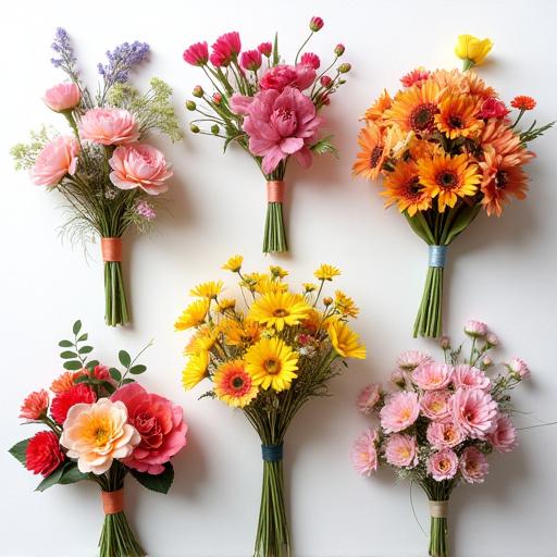 En samling av unike, håndlagde buketter.