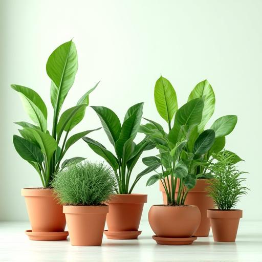Et utvalg av grønne stueplanter i forskjellige potter.